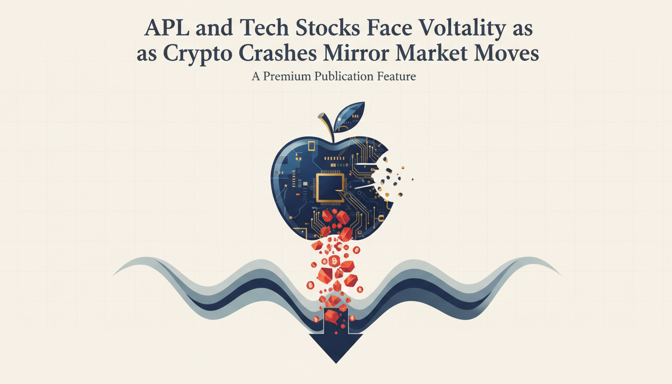 Hero: A financial trading floor visualization with AAPL stock charts spiking in volatility, overlaid with Bitcoin price drops and crypto liquidation alerts dated June 2026