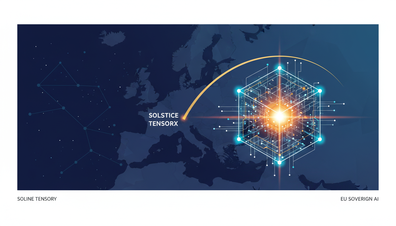Hero: Visualization of European data centers powered by AI hardware financing, with blockchain data flows connecting Solstice TensorX infrastructure across the EU