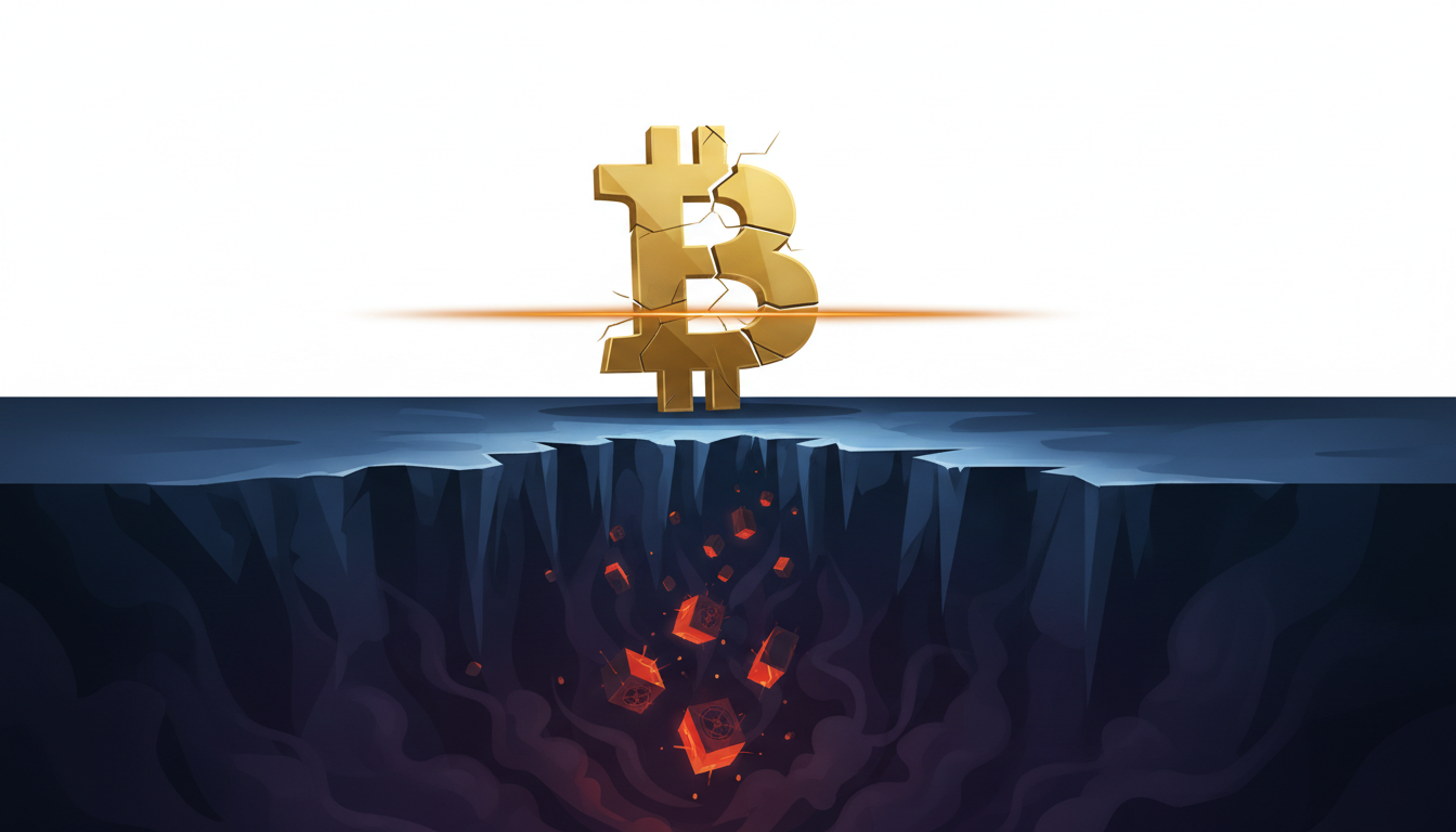 Hero: A tense digital illustration of Bitcoin price charts hovering near a $60,000 support line with red downward arrows, miners in the background facing financial strain, and a dark stormy market sentiment overlay