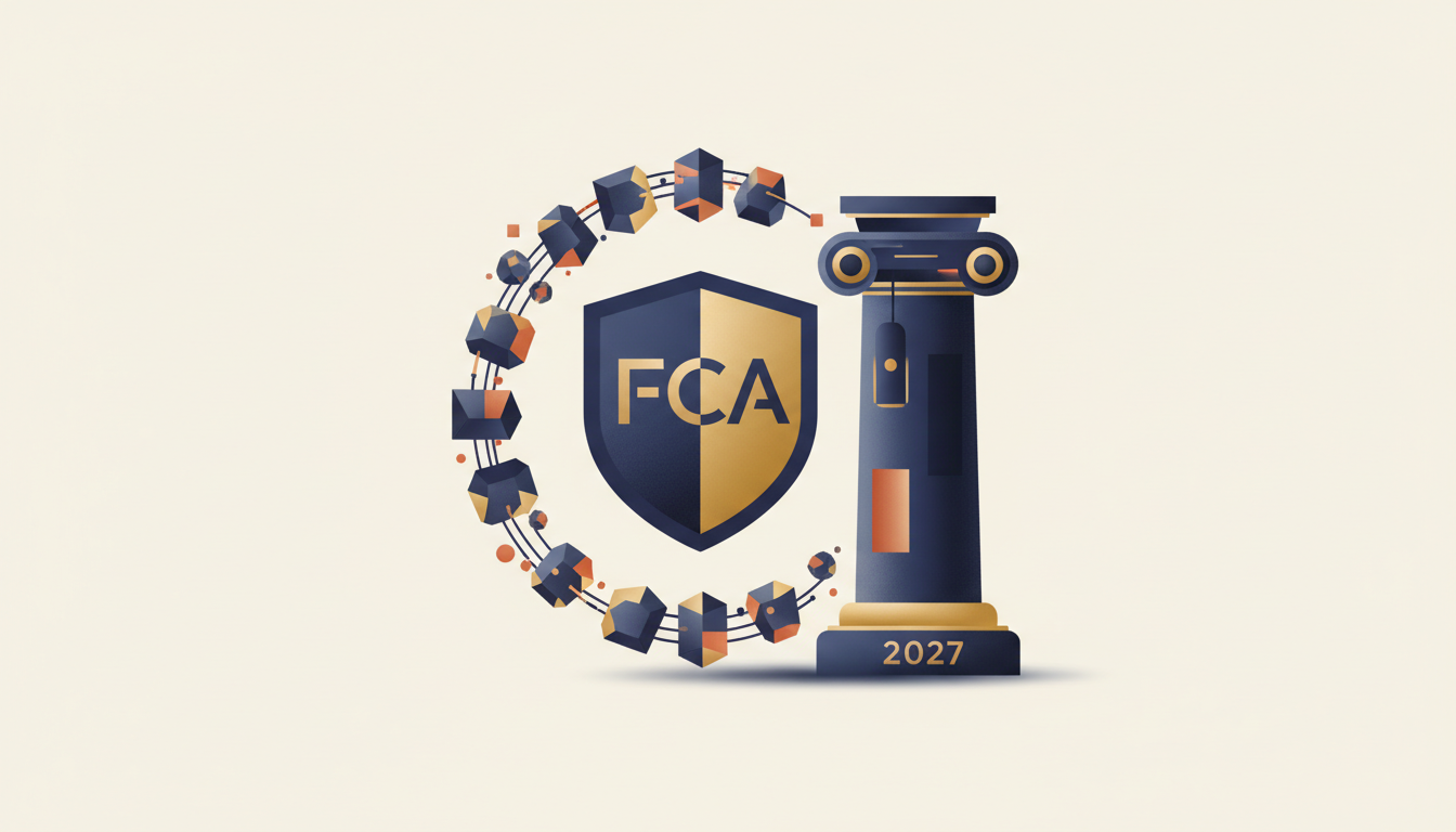 Hero: A digital illustration of the UK Parliament building fused with blockchain network nodes and regulatory documents, symbolizing the new FCA cryptoasset regime