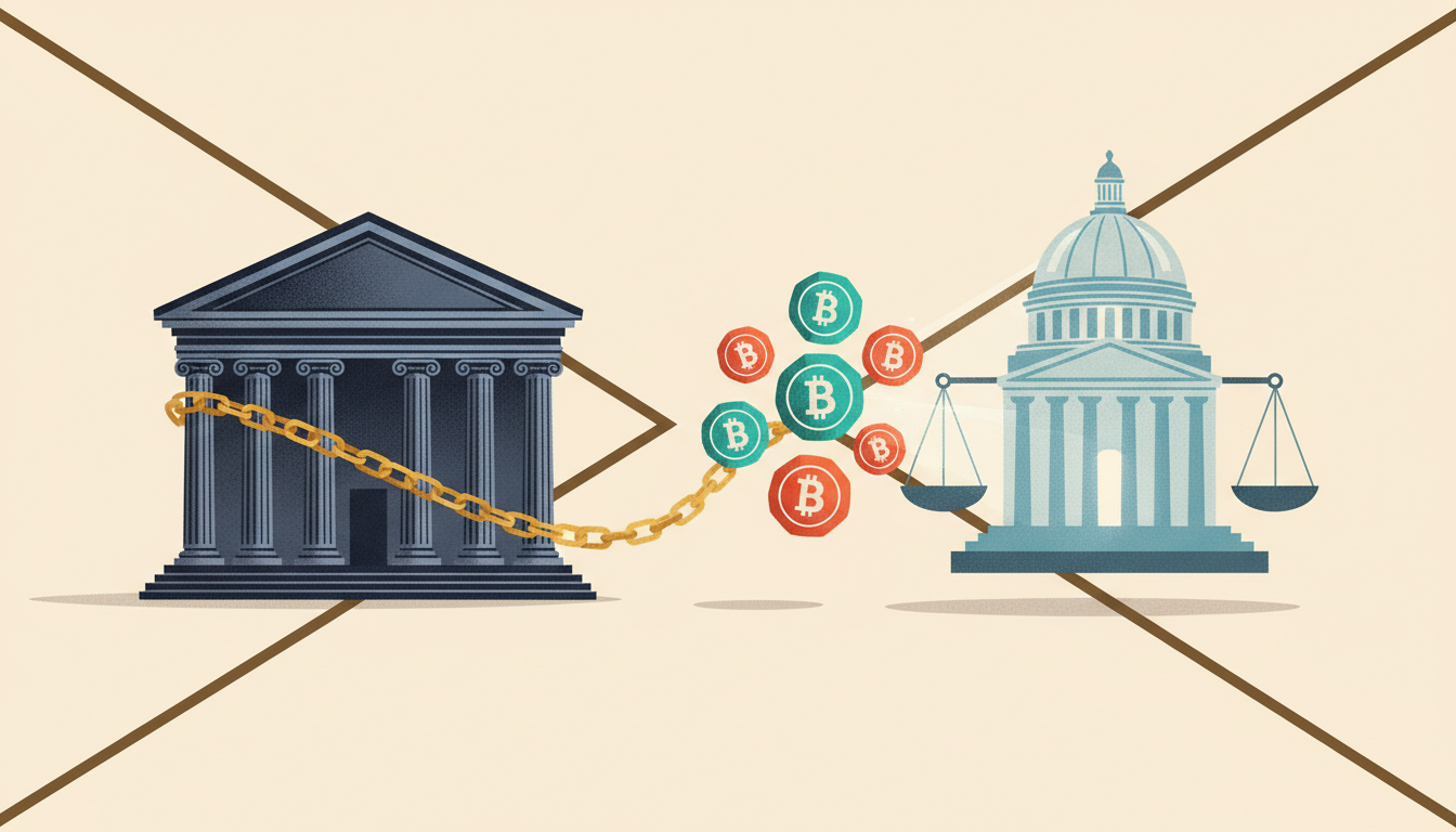 Hero: A modern financial newsroom with analysts reviewing blockchain ledgers and regulatory documents on large screens