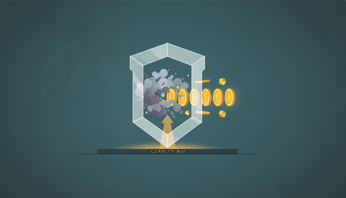 Hero: Senior JPMorgan analyst reviewing stablecoin regulations documents alongside a digital visualization of blockchain networks and the US Capitol building