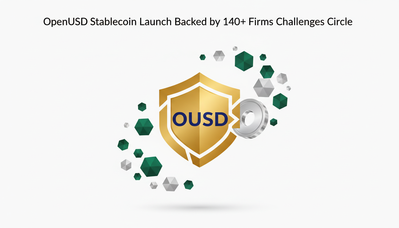Hero: Major financial institutions forming a coalition around a glowing stablecoin interface on a digital platform, with blockchain nodes and transaction flows visible