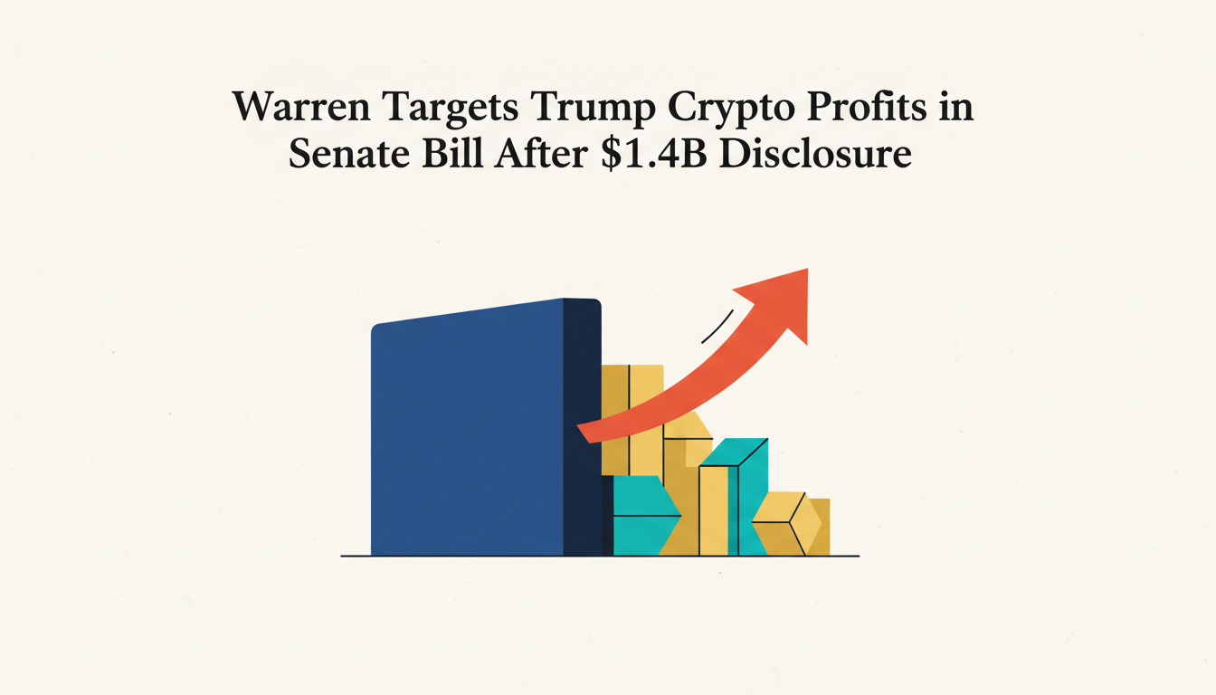 Hero: Senator Elizabeth Warren at a congressional podium with glowing cryptocurrency symbols and financial disclosure documents in the foreground
