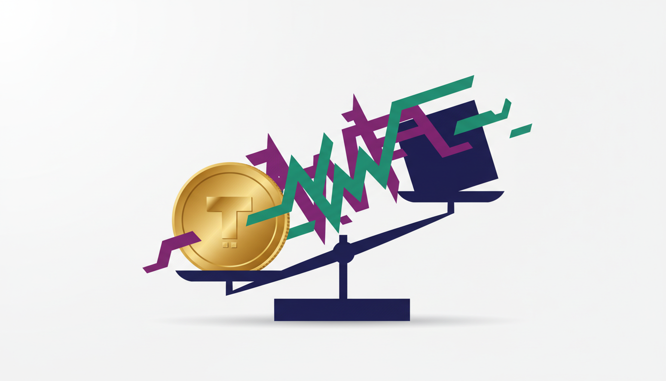 Hero: A split digital illustration showing a glowing cryptocurrency chart with dollar signs on one side and formal banking bond documents with regulatory scales on the other, connected by abstract data flows against a 2026 financial news backdrop
