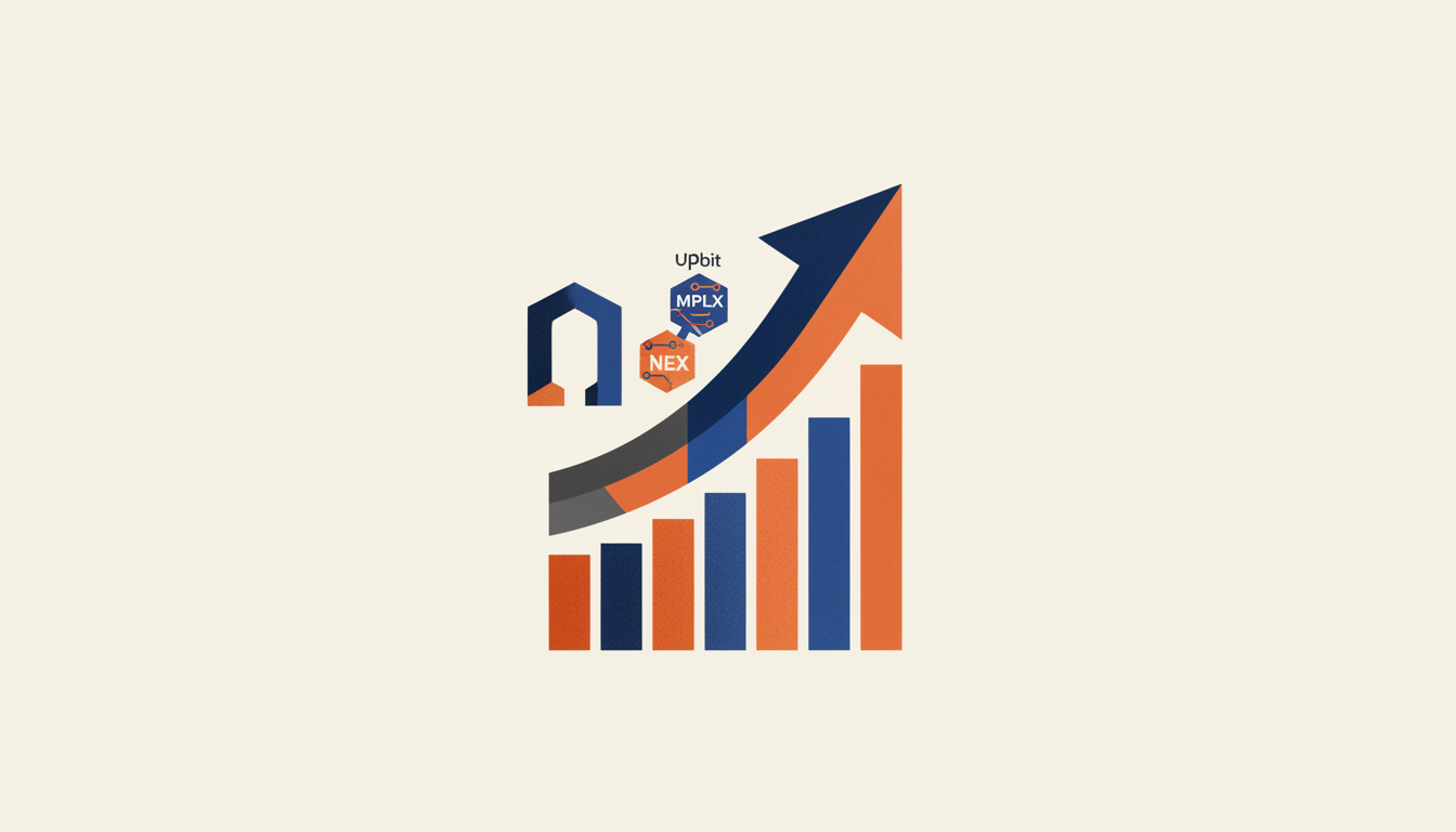 Hero: A digital visualization of a Korean cryptocurrency exchange dashboard displaying MPLX and NEX token charts with rising volume bars and Solana and Ethereum network icons
