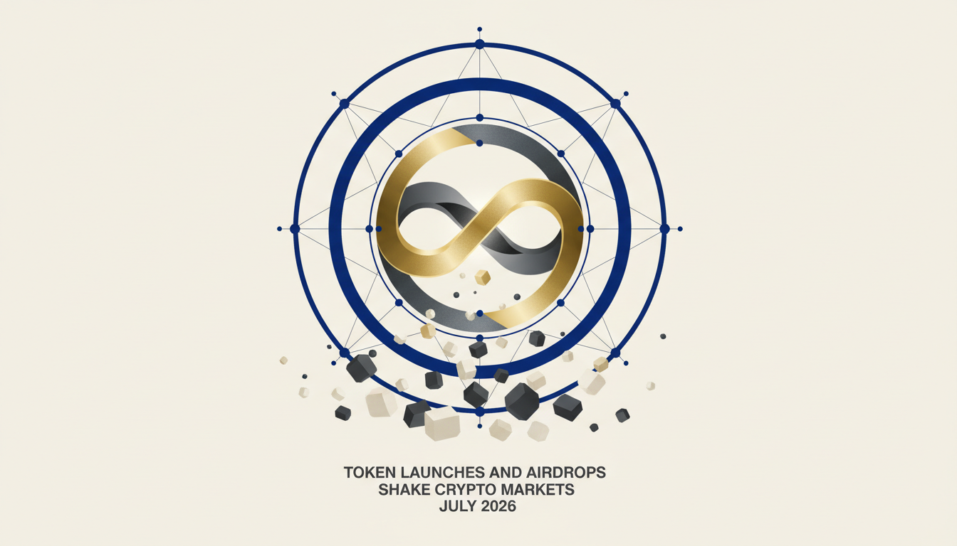Hero: A futuristic digital illustration of interconnected blockchain networks with glowing tokens and airdrop notifications flowing across LayerZero bridges