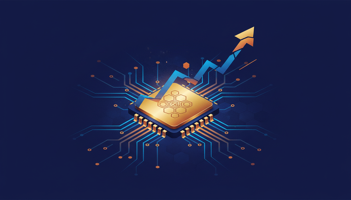 Hero: A sleek digital illustration of a semiconductor fabrication plant glowing with AI-themed data streams, showing memory chips and server racks under a futuristic July 2026 skyline