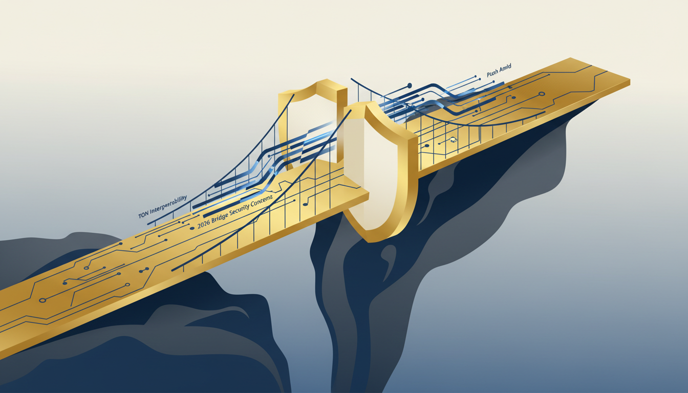Hero: Digital illustration showing interconnected blockchain networks with bridges under scrutiny for security in 2026