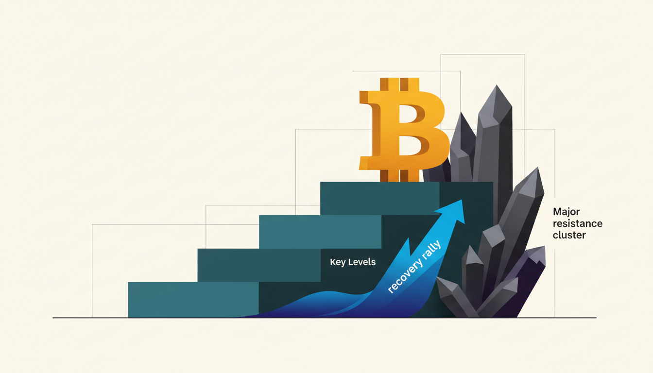 Hero: A digital illustration of a Bitcoin price chart with candlestick formations approaching a dense cluster of resistance lines above the $63,000 level, overlaid with faint news tickers about geopolitical events and oil price spikes