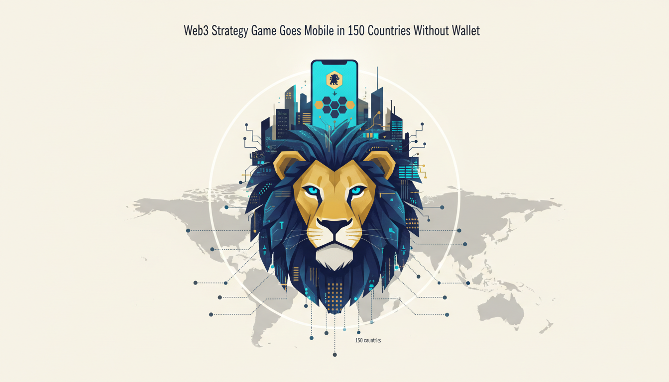 Hero: A stylized mobile phone screen displaying a vibrant lion-themed city builder game with NFT elements and strategy gameplay overlays on a global map background