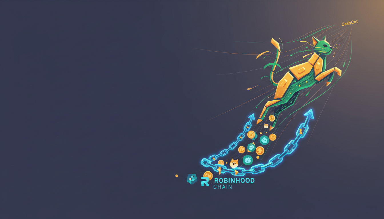 Hero: A stylized digital illustration of a meme cat token exploding in value on a blockchain network, with volume charts and network nodes surging around Robinhood Chain in July 2026