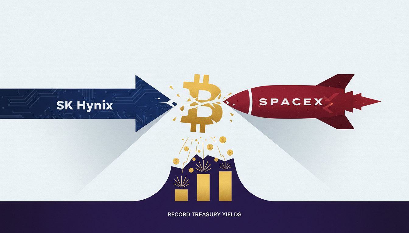 Hero: A stylized visualization of capital flows shifting from crypto symbols toward traditional equity markets, with rising Treasury bond charts and IPO ticker tapes in the background