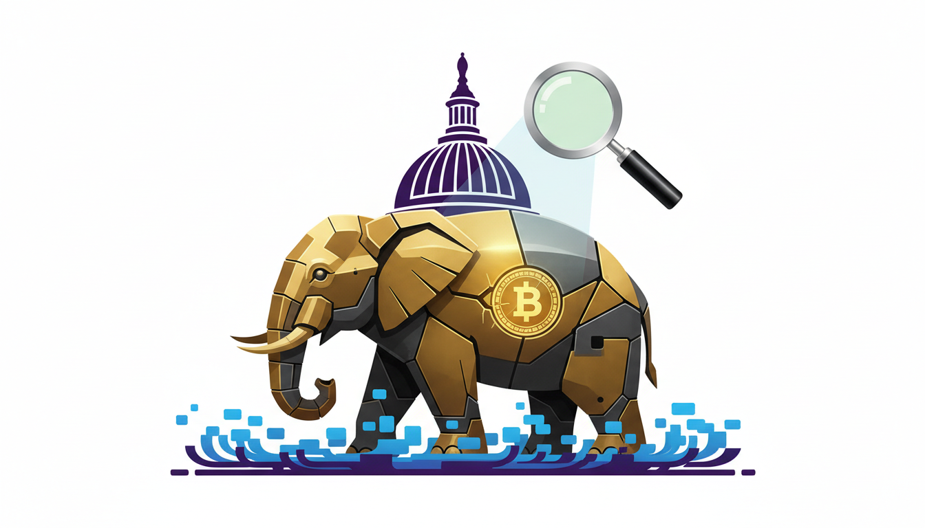 Hero: Senate committee hearing on cryptocurrency regulation with national security documents and digital asset symbols