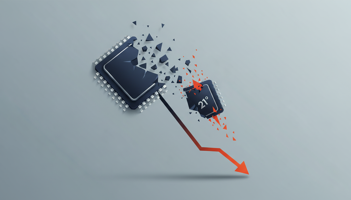 Hero: Dramatic financial news scene showing plunging red arrows on semiconductor stock tickers featuring Intel and SK Hynix logos during July 2026 market volatility