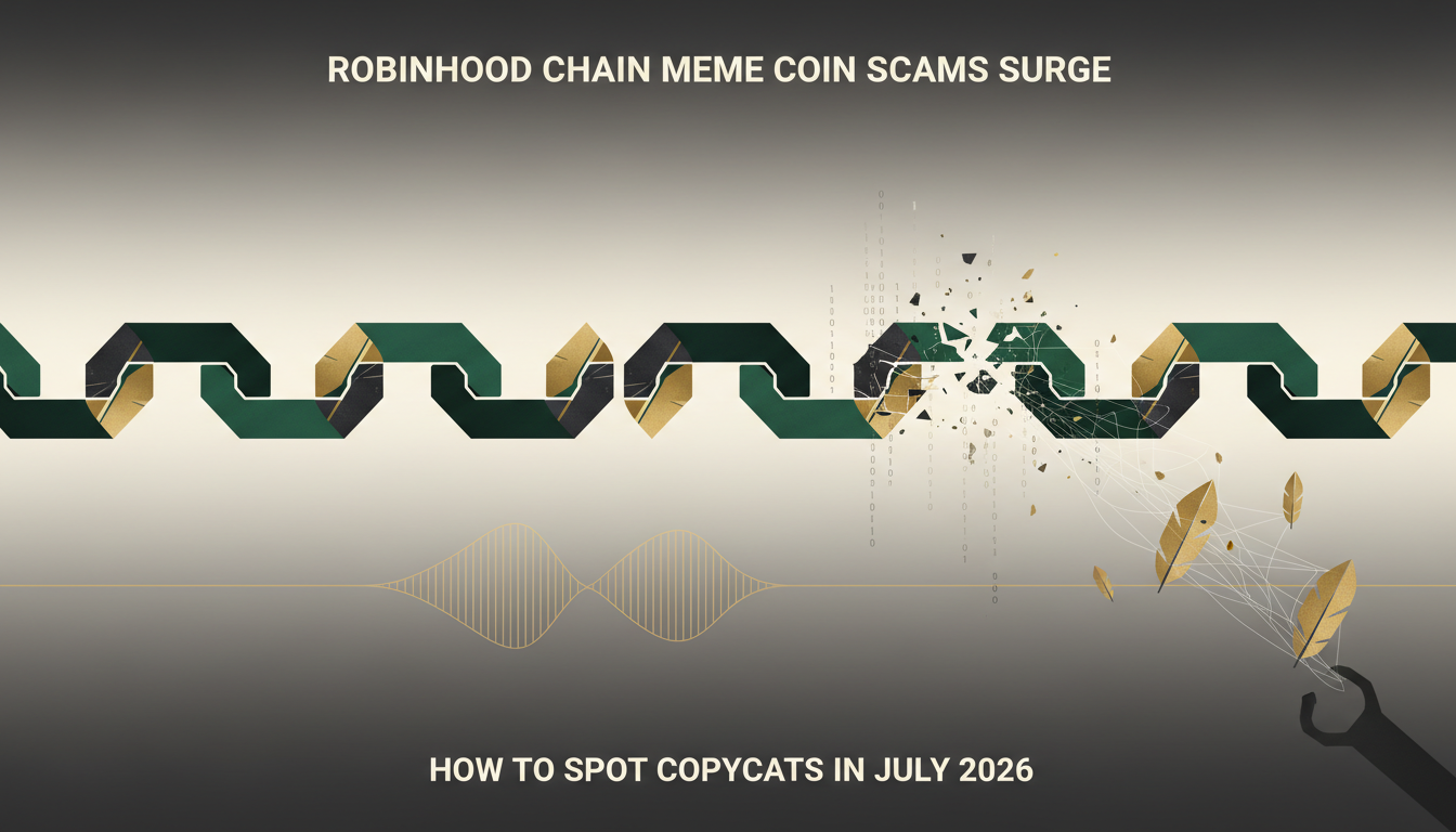Hero: A chaotic digital scene of Robinhood Chain blockchain with meme coins swirling amid warning signs, users watching assets vanish, and copycat tokens highlighted in red