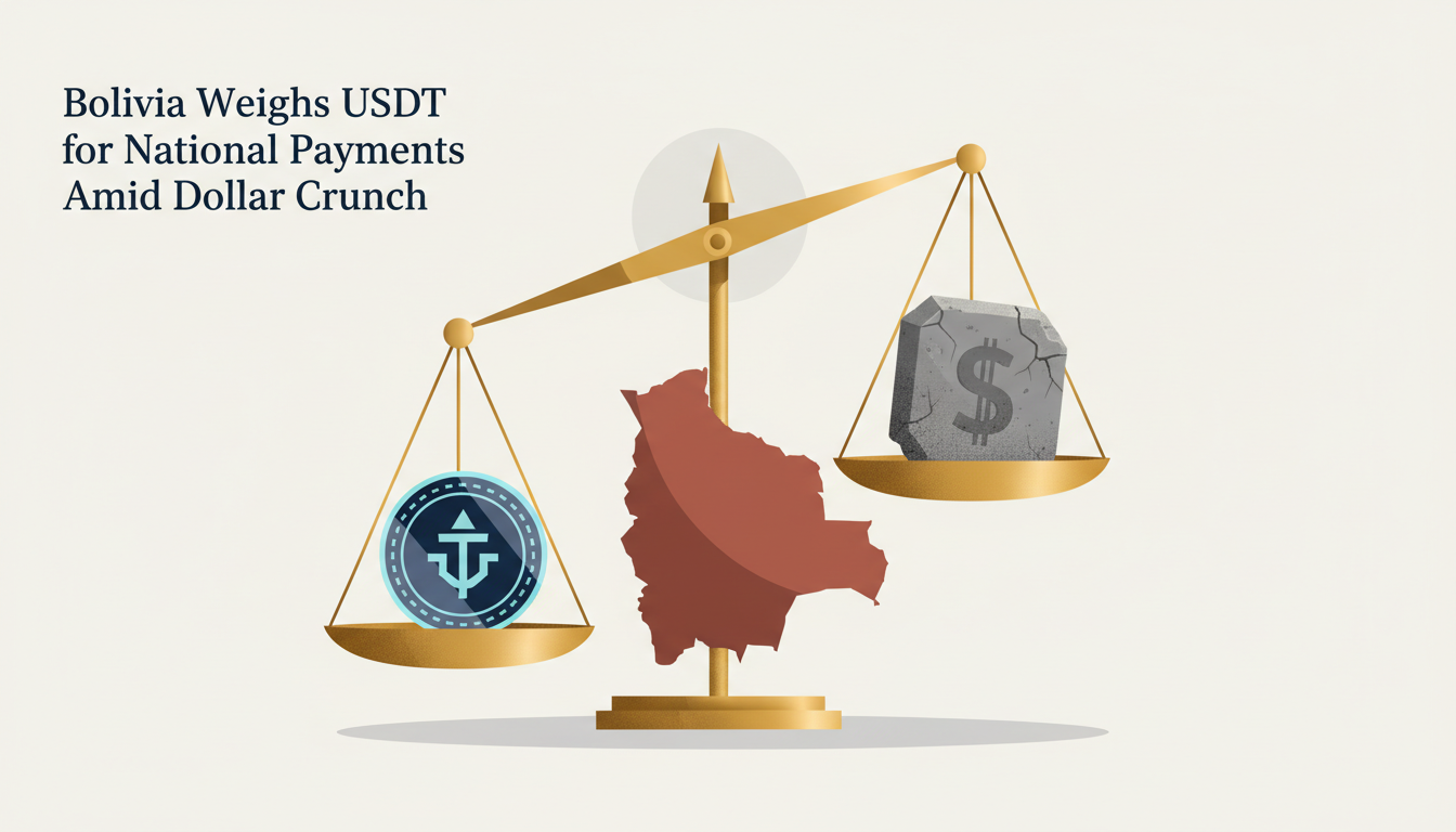 Hero: A digital illustration of Bolivian currency symbols merging with USDT stablecoin icons on a blockchain network, set against Andean mountain backdrops to represent national payment integration