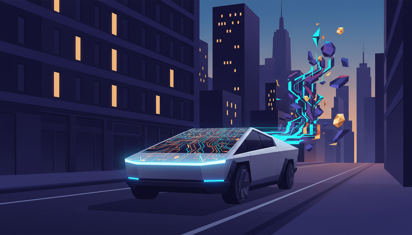 Hero: A futuristic Tesla vehicle driving through New York streets at dusk with glowing AI route overlays, while digital tokens from the Artificial Superintelligence Alliance merge in the background