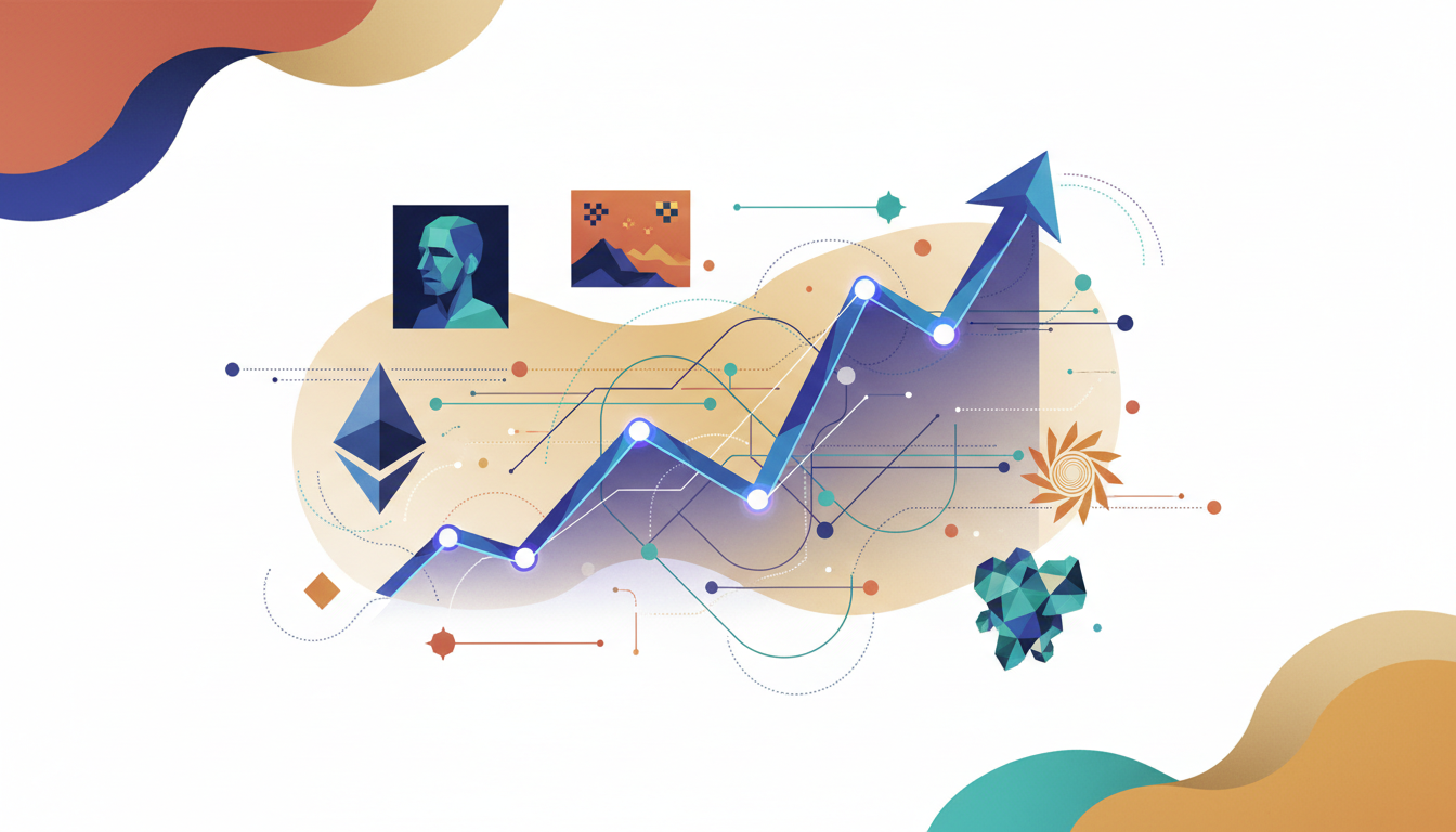 Hero: Illustration of rising NFT floor price charts overlaid on Ethereum and Solana blockchain networks with data flows showing cross-chain growth in a July marketplace scene