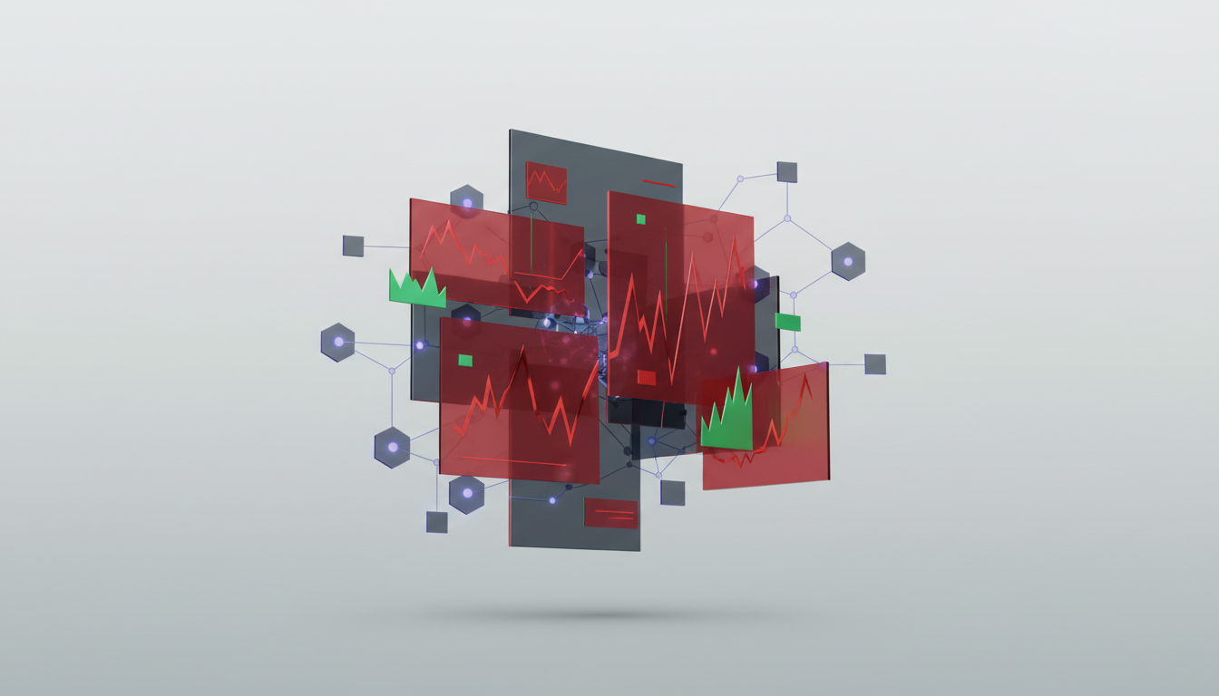 Hero: A fragmented digital trading interface displaying Robinhood Chain memecoin charts with red loss indicators dominating the screen while a few green profitable positions stand out amid blockchain network visuals