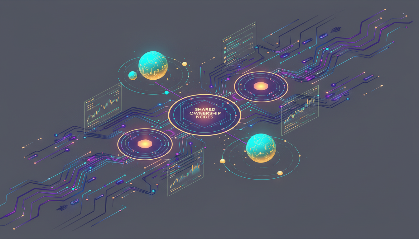 Hero: A digital visualization of blockchain networks with glowing AI agent tokens orbiting shared ownership nodes and trading interfaces