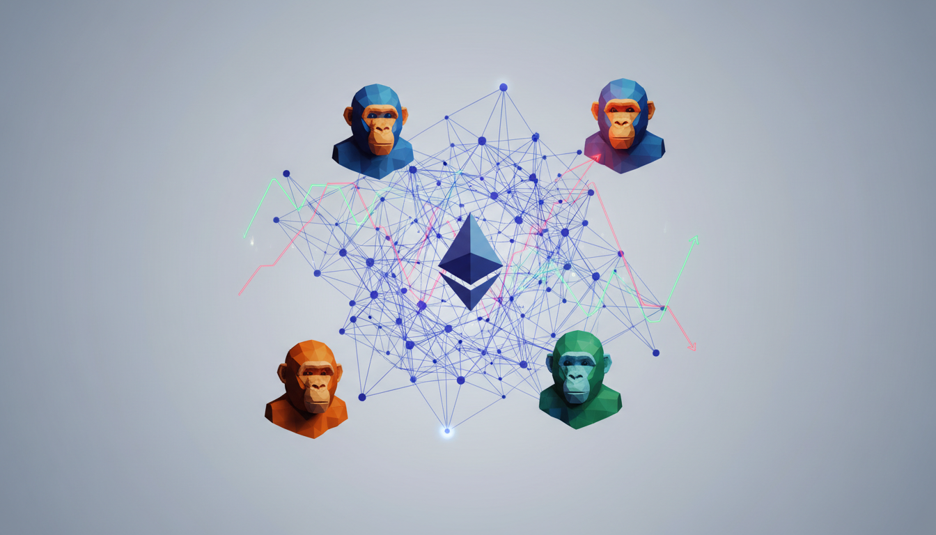 Hero: A digital visualization of Ethereum blockchain networks with floating NFT ape avatars and fluctuating price charts against a muted July 2026 market backdrop
