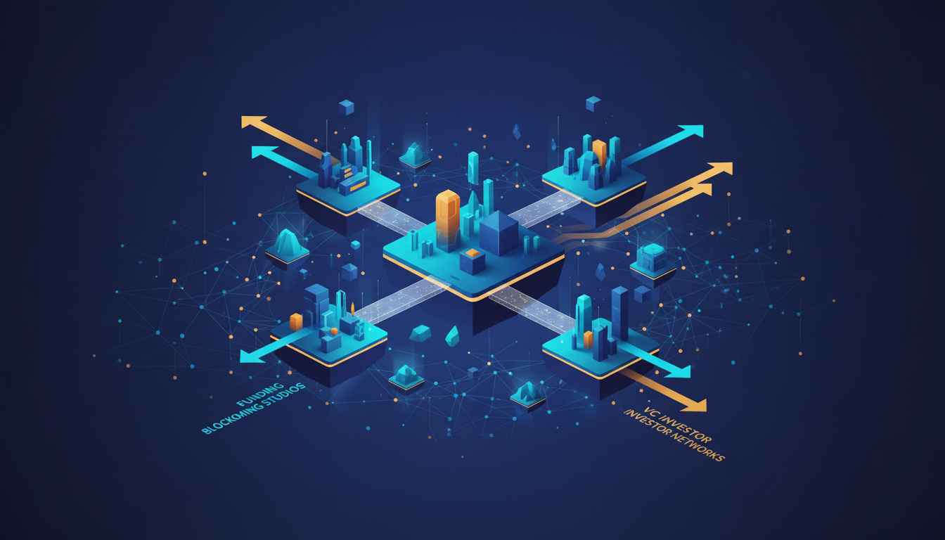 Hero: Digital illustration of interconnected metaverse worlds and blockchain gaming studios with funding arrows and VC investor networks flowing through virtual landscapes