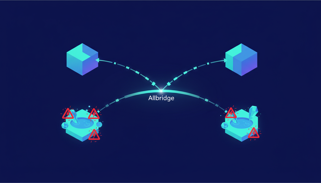 Hero: A digital visualization of blockchain bridges connecting multiple networks with data flowing between them, overlaid by red warning icons on Solana pools