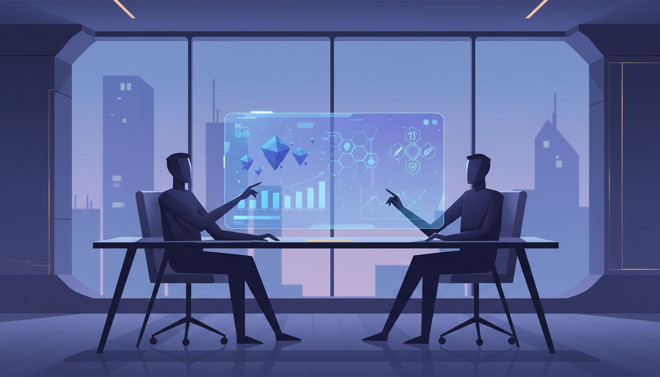 Hero: Digital illustration of venture capitalists reviewing holographic funding charts for metaverse worlds and blockchain game assets in a futuristic office