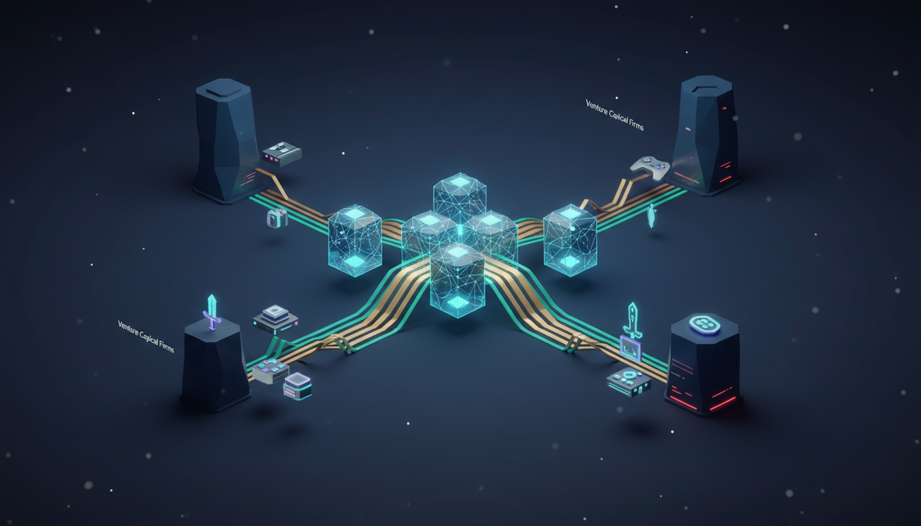 Hero: A futuristic digital visualization of blockchain nodes and metaverse environments with glowing funding streams connecting gaming projects to major VC firms