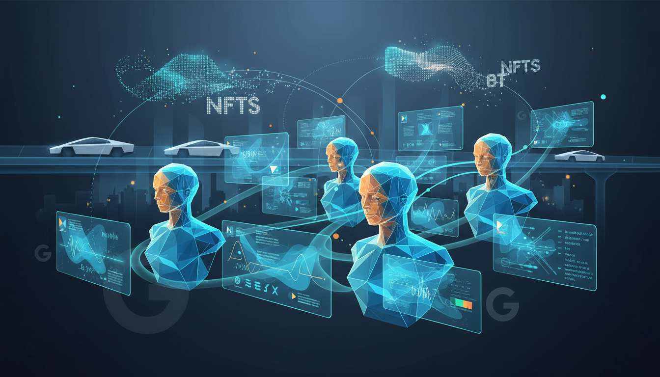 Hero: A vibrant digital illustration of AI avatars generating video presentations in multiple languages, with Tesla autonomous vehicles in the background and floating AI-generated NFT artworks connecting the scenes