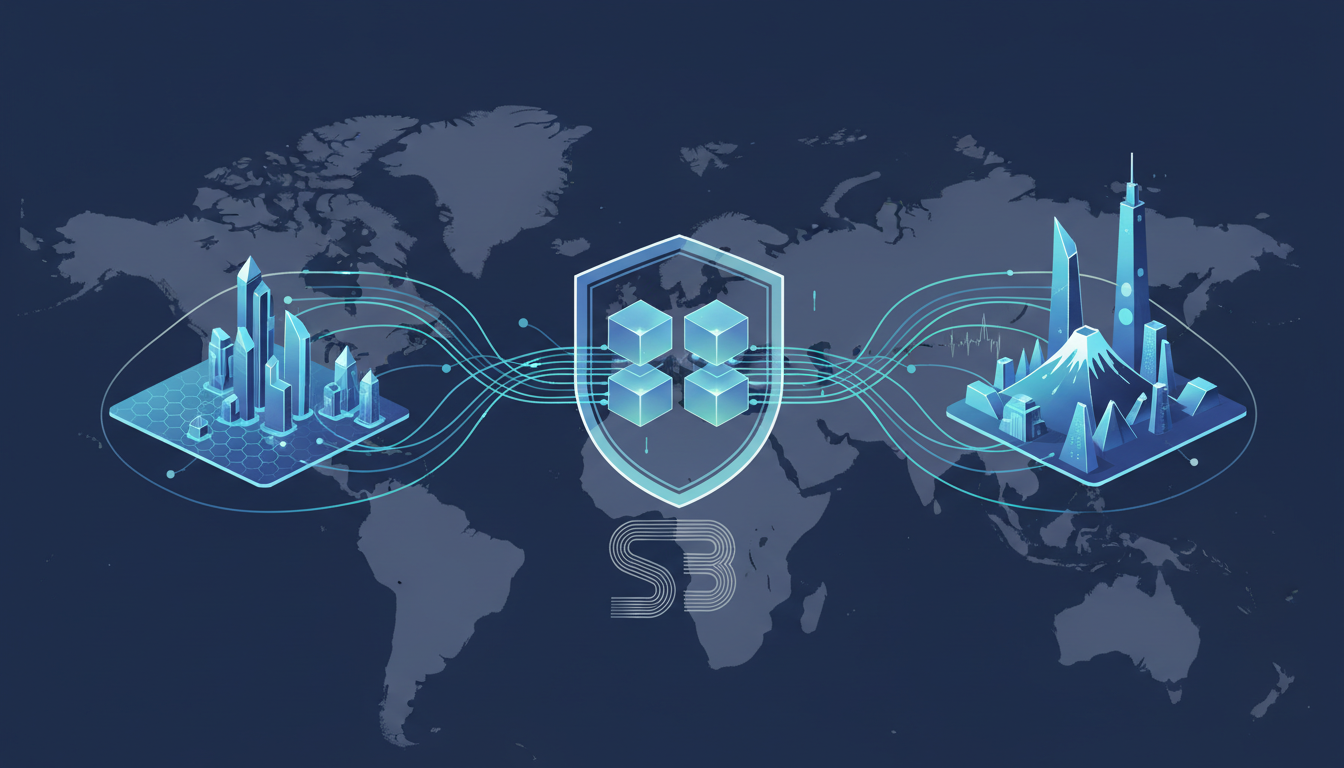 Hero: A futuristic visualization of interconnected digital asset platforms across Asia with Singapore and Japan highlighted, showing blockchain networks merging under regulatory oversight