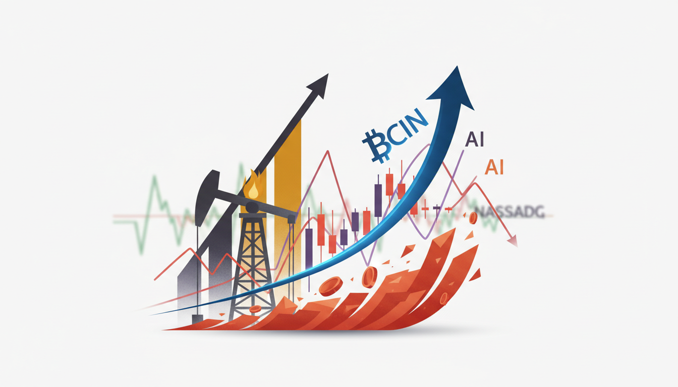 Hero: A digital visualization of Bitcoin charts decoupling from AI stock trends with Shiba Inu tokens surging upward amid rising oil prices at $96 and Nasdaq volatility in the background