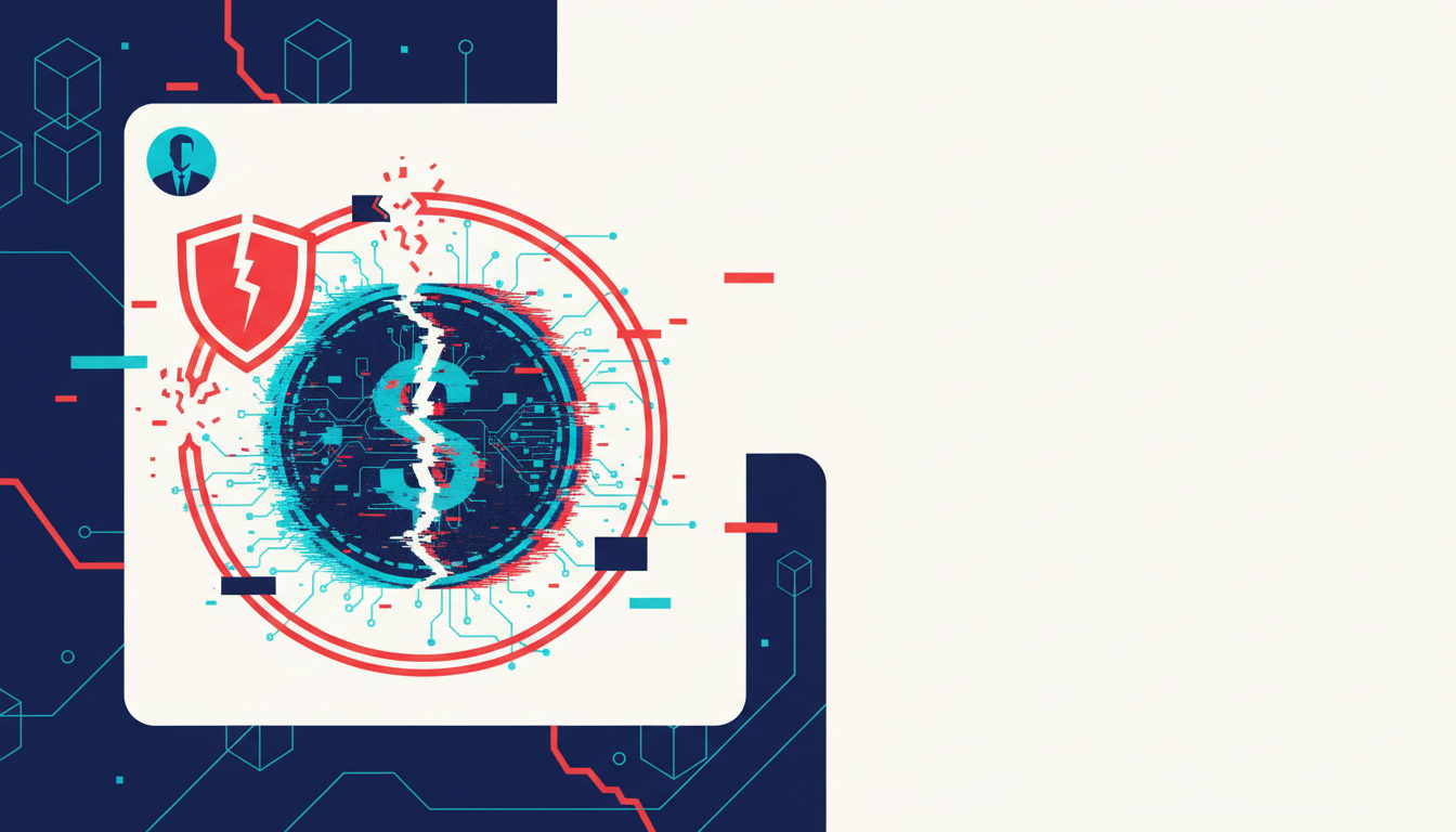 Hero: A digital illustration of a compromised social media interface on X promoting a fake cryptocurrency token with blockchain warning elements