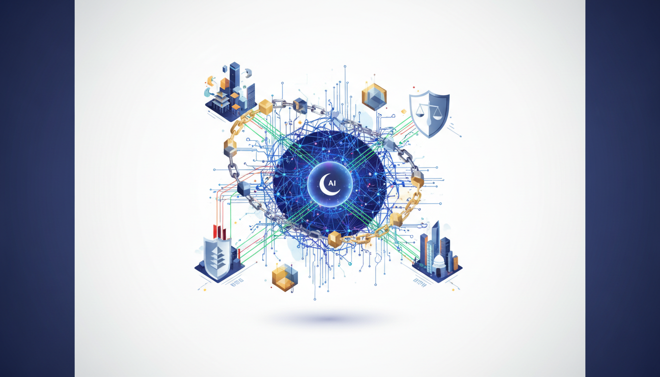 Hero: A digital rendering of an AI neural network intertwined with blockchain elements, showing data flows between Chinese tech hubs and US regulatory symbols