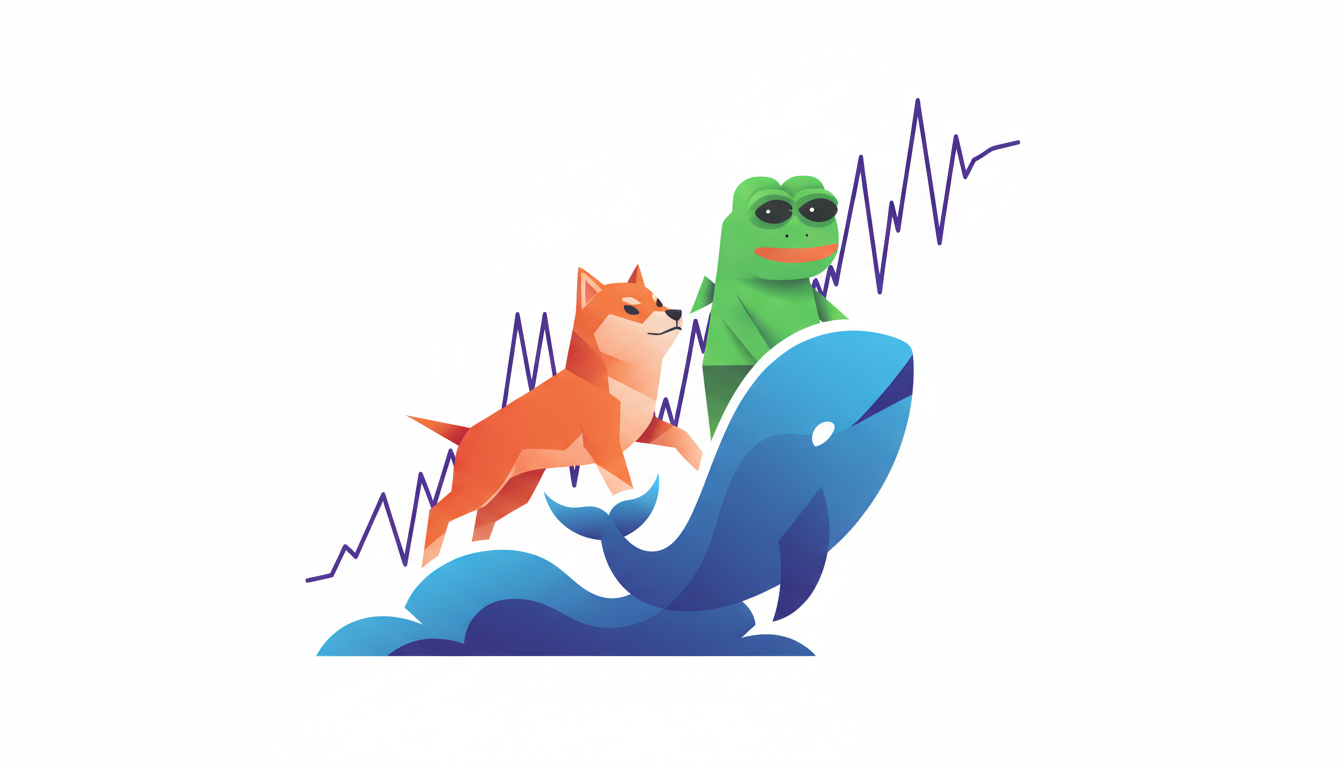 Hero: A dynamic digital scene showing Shiba Inu and Pepe meme coins rising amid whale buying activity and Pump.fun platform charts with volume spikes in a crypto market setting