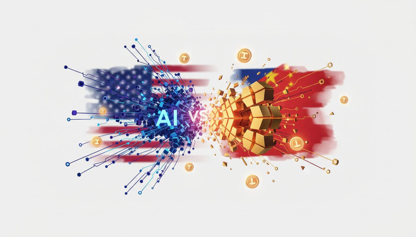Hero: A digital illustration showing AI neural networks clashing with blockchain chains against a US-China flag backdrop, with glowing crypto tokens scattered in between