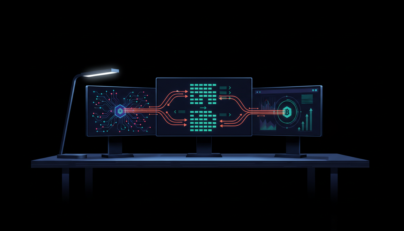 Hero: A dimly lit crypto analyst's desk at night with multiple monitors displaying blockchain transaction flows from a mining pool wallet to a centralized exchange interface