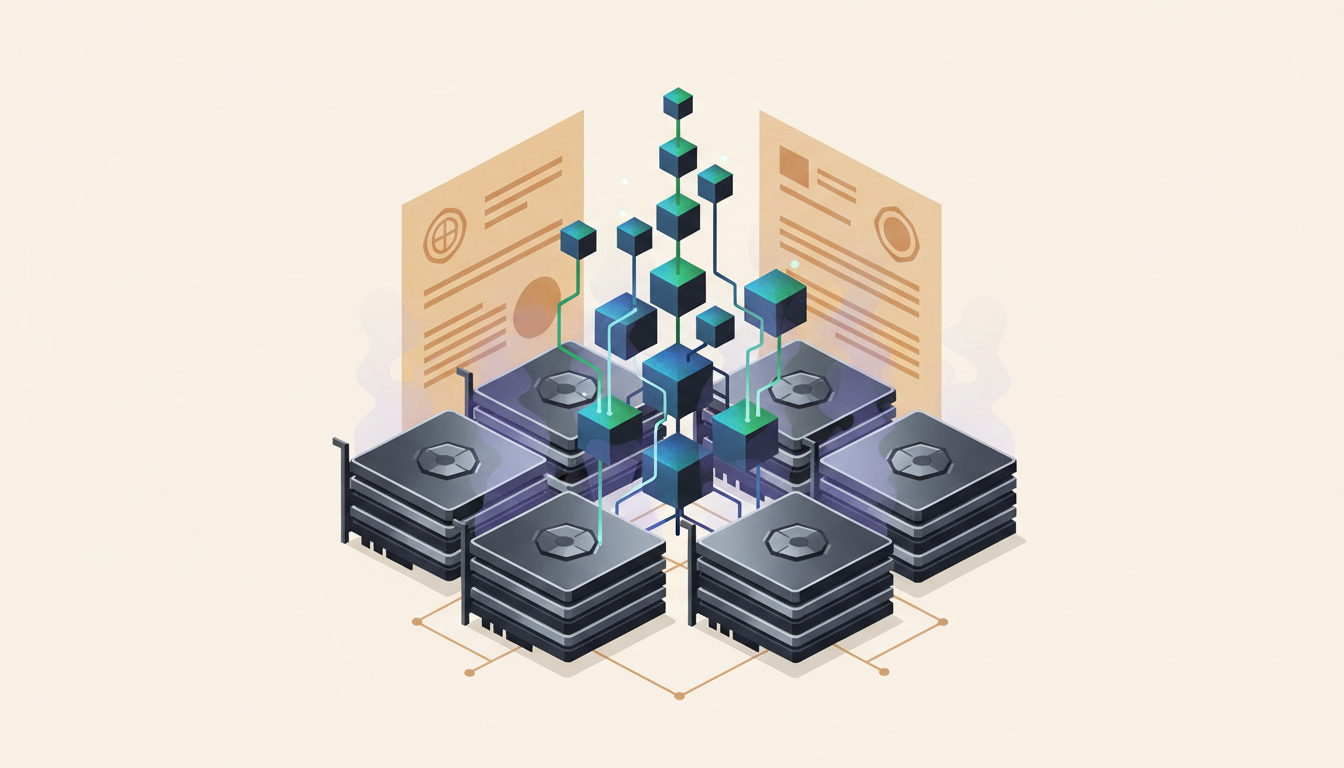 Hero: A digital visualization of encrypted blockchain data streams flowing across GPU clusters with regulatory documents in the background