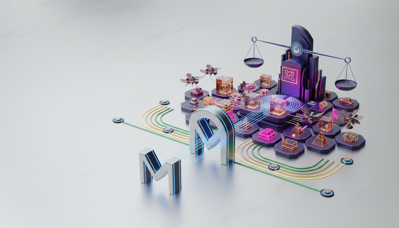 Hero: A futuristic digital landscape showing Meta AI agents navigating tokenized real-world assets on a blockchain network, with stablecoin flows and regulatory scales in the background
