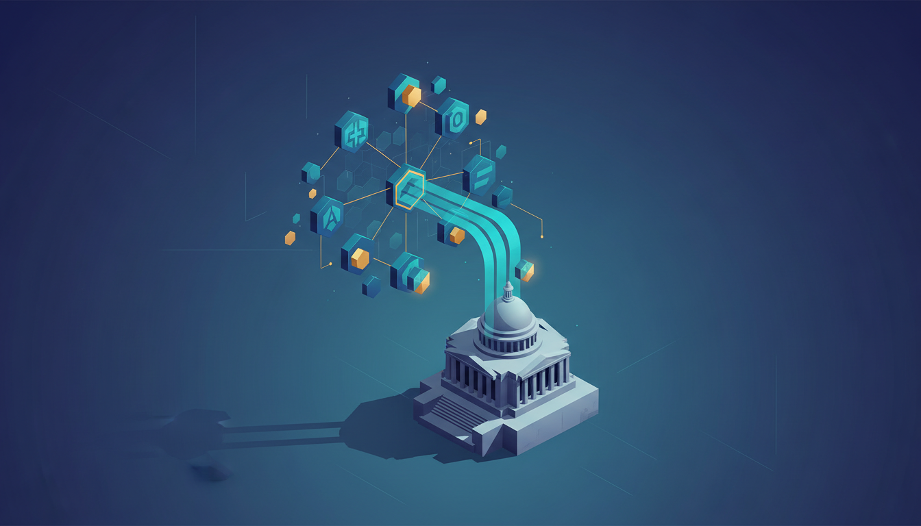 Hero: A digital visualization of blockchain networks linking AI crypto tokens with data streams flowing toward a U.S. Senate building