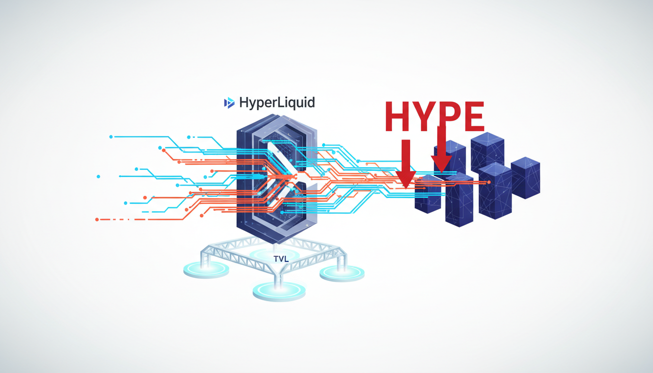 Hero: A digital visualization of blockchain token flows showing HYPE transfers to centralized exchanges with red downward arrows indicating pressure, overlaid on a layer 2 network diagram with scaling bridges and TVL metrics