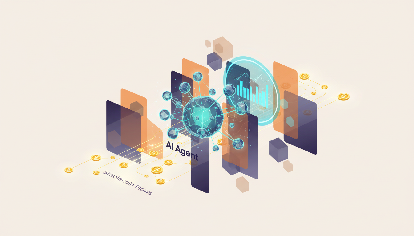 Hero: A digital visualization of AI agents navigating regulatory barriers around prediction market interfaces on blockchain networks with stablecoin flows in 2026
