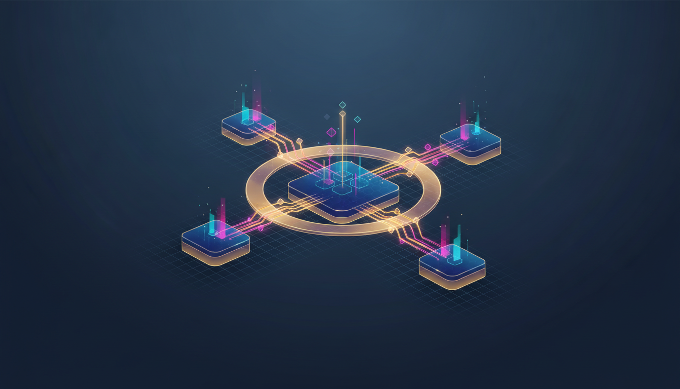 Hero: A digital visualization of blockchain bridges connecting multiple networks with data flowing between them