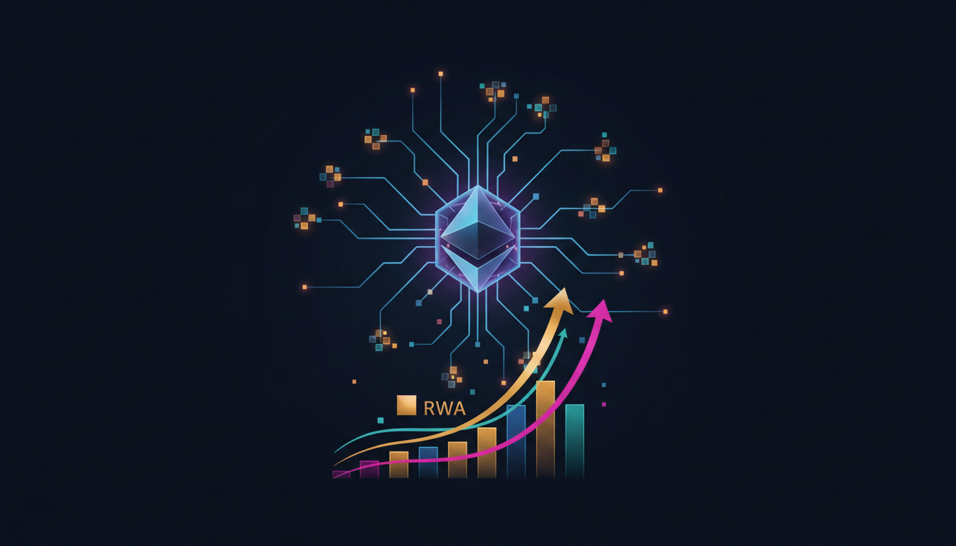 Hero: A futuristic digital illustration of Ethereum blockchain upgrades with glowing network nodes and trading volumes surging for RWA perpetual futures on Hyperliquid