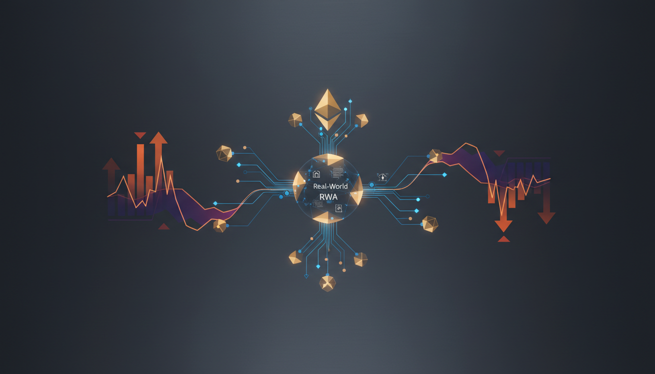 Hero: Ethereum network nodes connected to RWA data streams and perpetual futures trading charts showing volume spikes against a backdrop of price pullback indicators