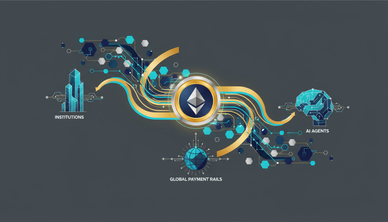 Hero: A digital visualization of blockchain networks on Ethereum with stablecoin flows connecting institutions, AI agents, and global payment rails