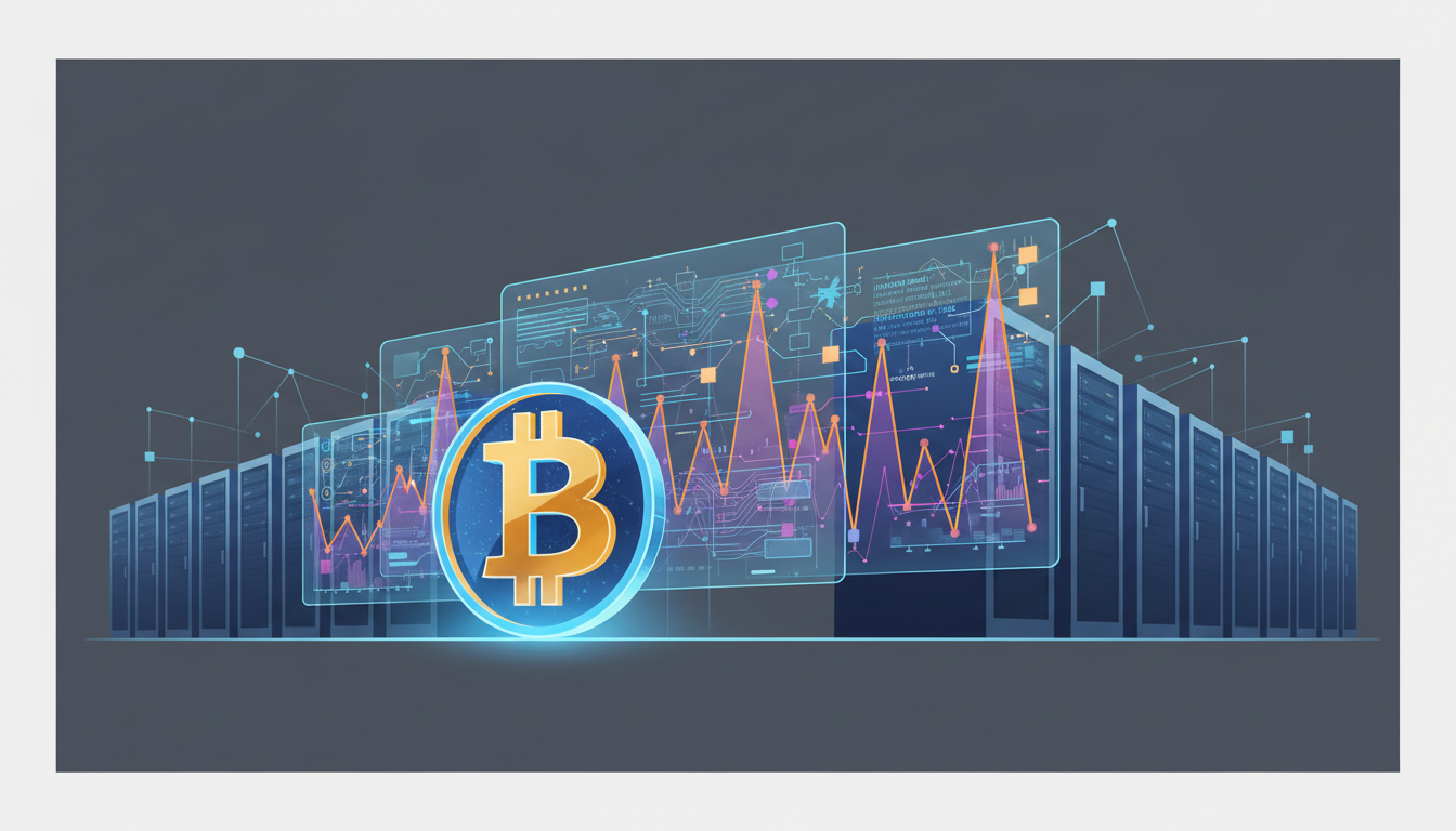 Hero: A futuristic data center with AI agents managing hybrid workflows on glowing screens, Bitcoin price charts overlaying the scene, and Amazon infrastructure in the background