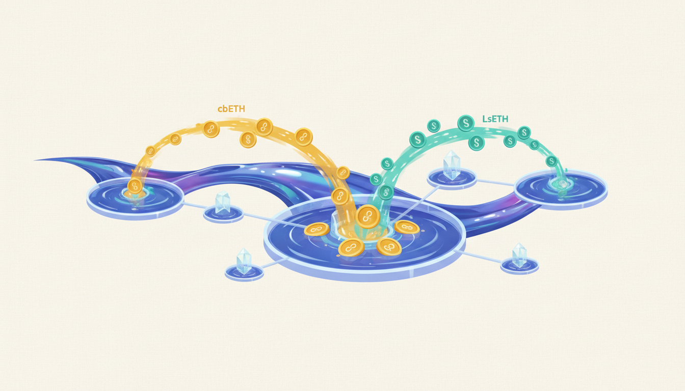 Hero: A visualization of Ethereum blockchain with liquid staking tokens flowing into DeFi protocols, showing cbETH and LsETH icons connected to liquidity pools