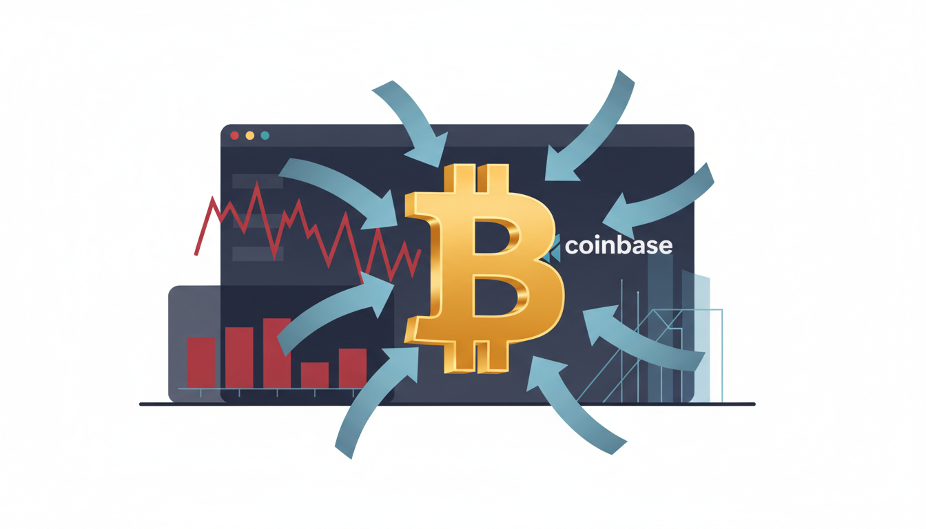 Hero: A digital visualization of a crypto exchange dashboard showing declining trading volume charts alongside a Bitcoin symbol holding steady amid ETF inflow arrows